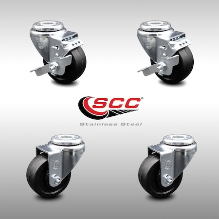 Service Caster 3 Inch SS Soft Rubber Wheel Swivel Bolt Hole Caster Set with 2 Brake SCC SCC-SSBH20S314-SRS-2-TLB-2